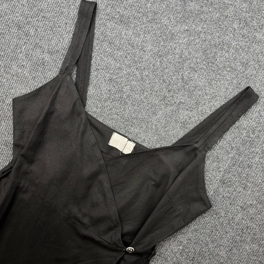 ASOS Black Cotton Linen Wrap Midi Dress Size 8 Minimalist Summer Boho